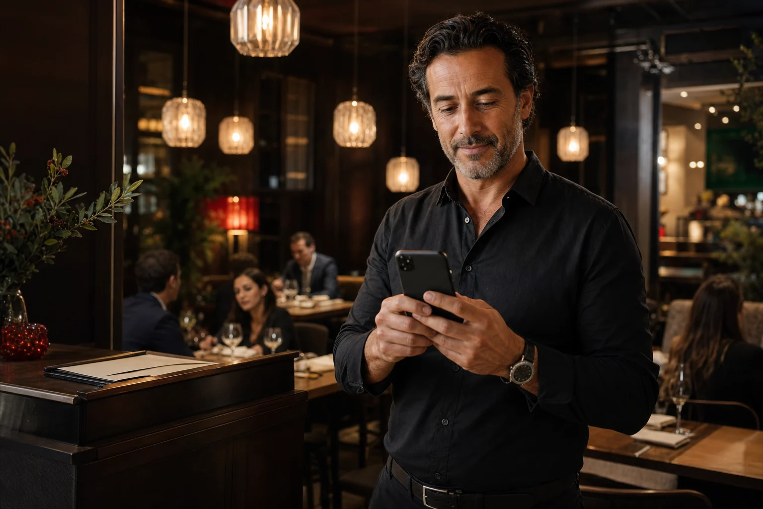 Ristoratore che gestisce i messaggi WhatsApp dal telefono